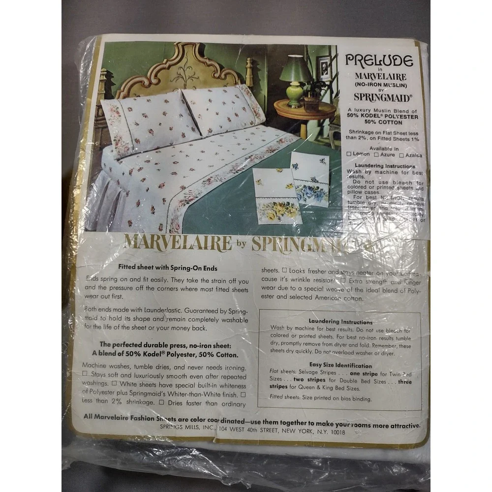 Vtg Sealed Marvelaire by Springmaid Twin Flat Sheet Blue Rose Floral No-Iron